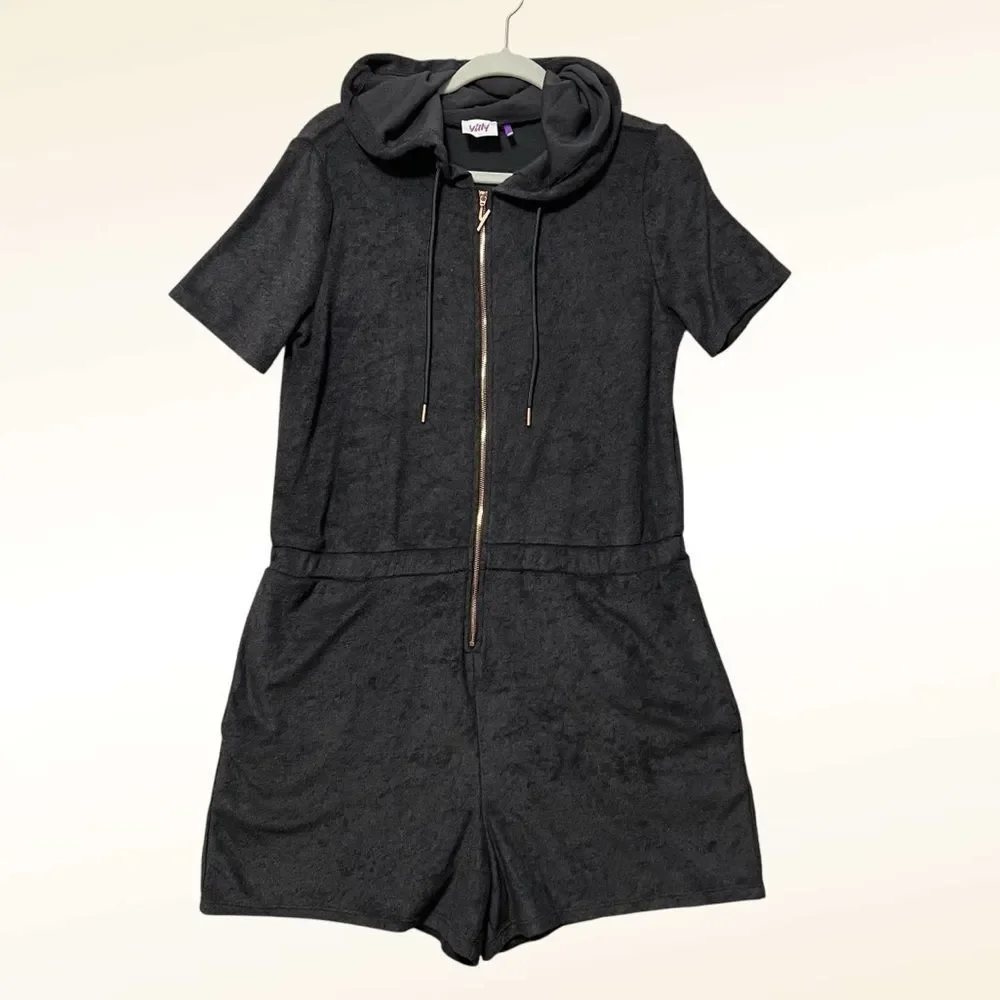 YITTY Terry Cloth Romper Size XL Black Hooded Zip Up Elastic Waist Athleisure - Picture 1 of 13